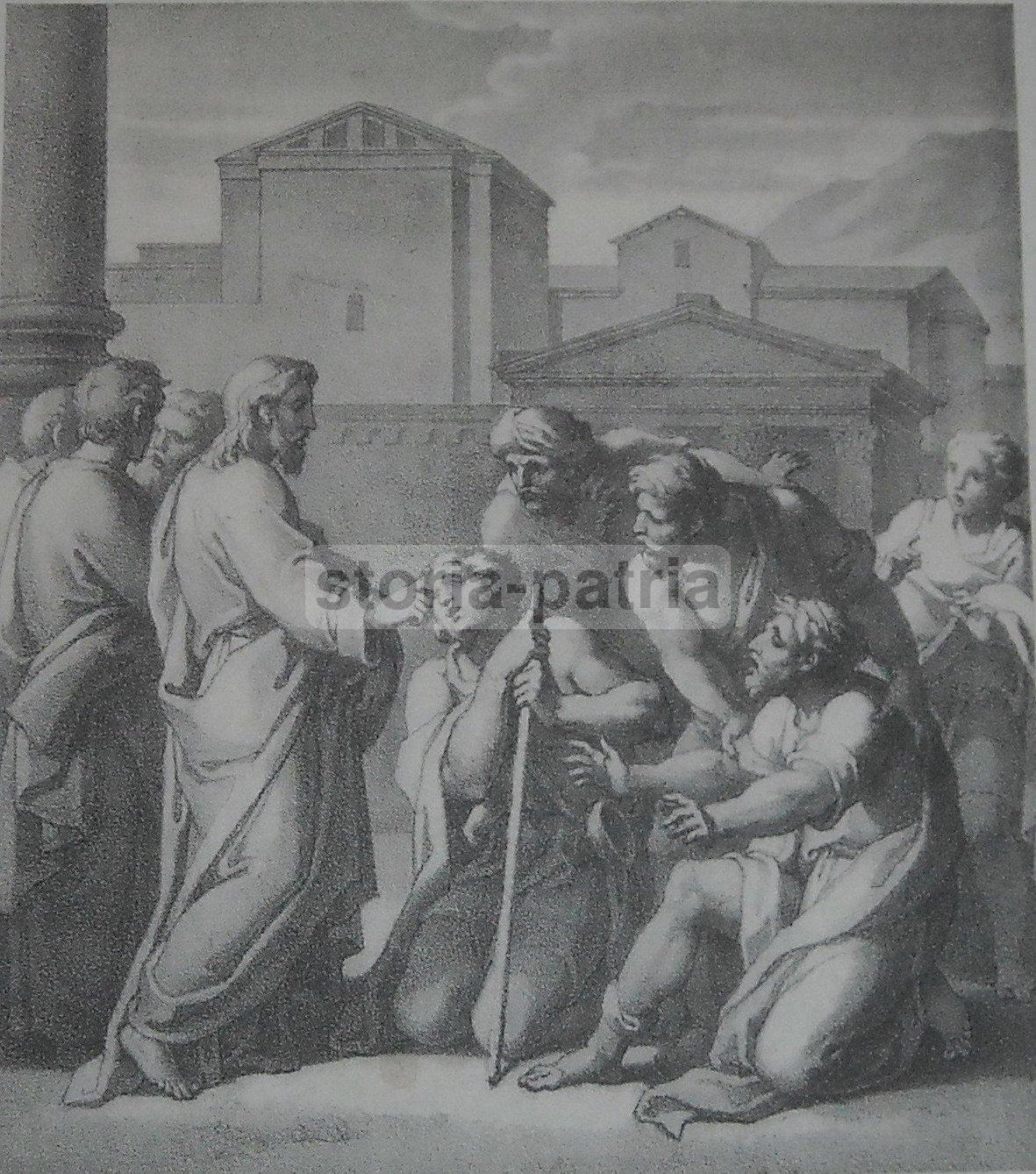 Antica Stampa Devozionale, Gesu Ridona La Vista A Un Cieco, Cecita, Ottica, 800 immagine 2