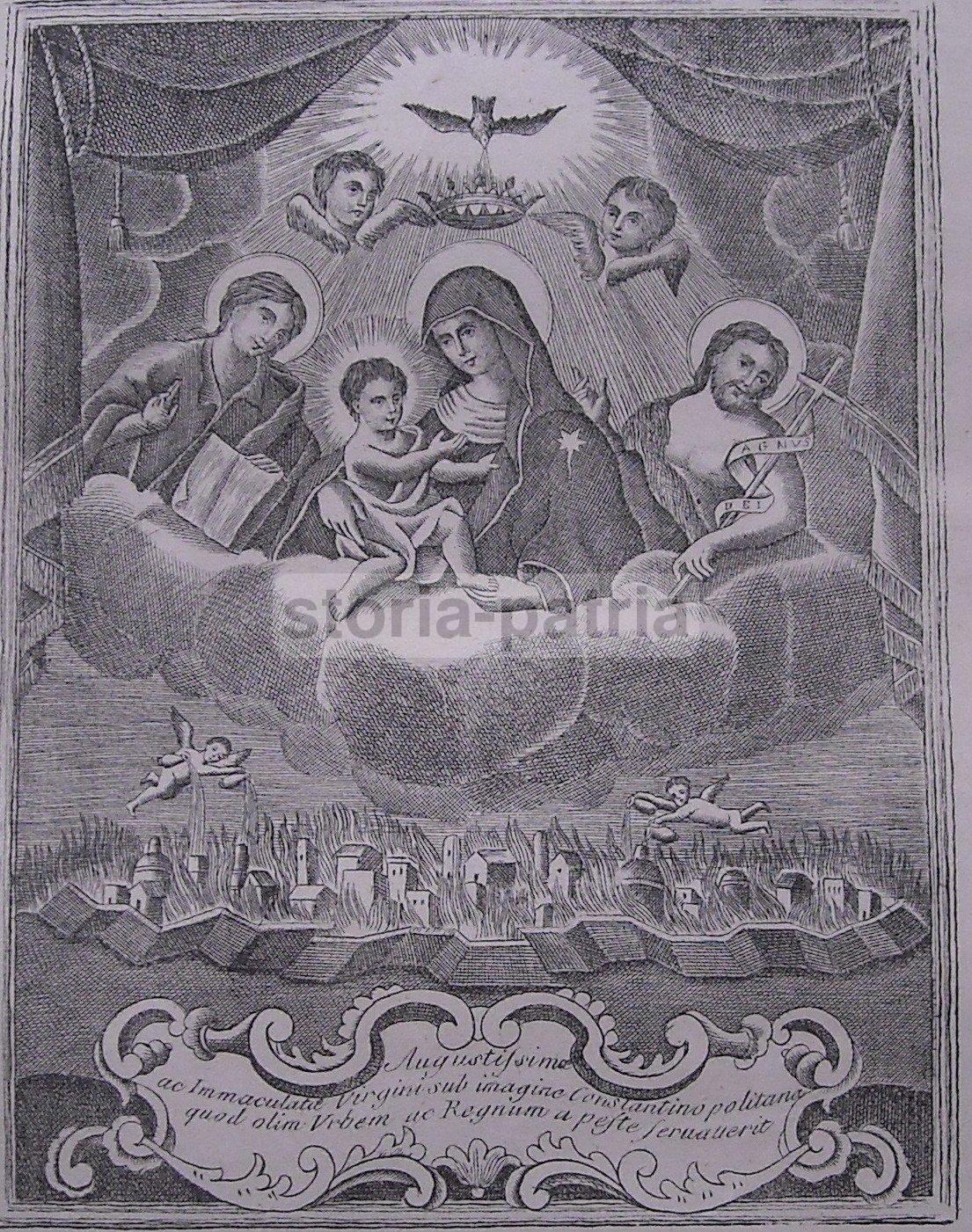 Antica Stampa Popolare Devozionale, Arte, Madonna Costantinopoli, Peste, Incendio immagine 1