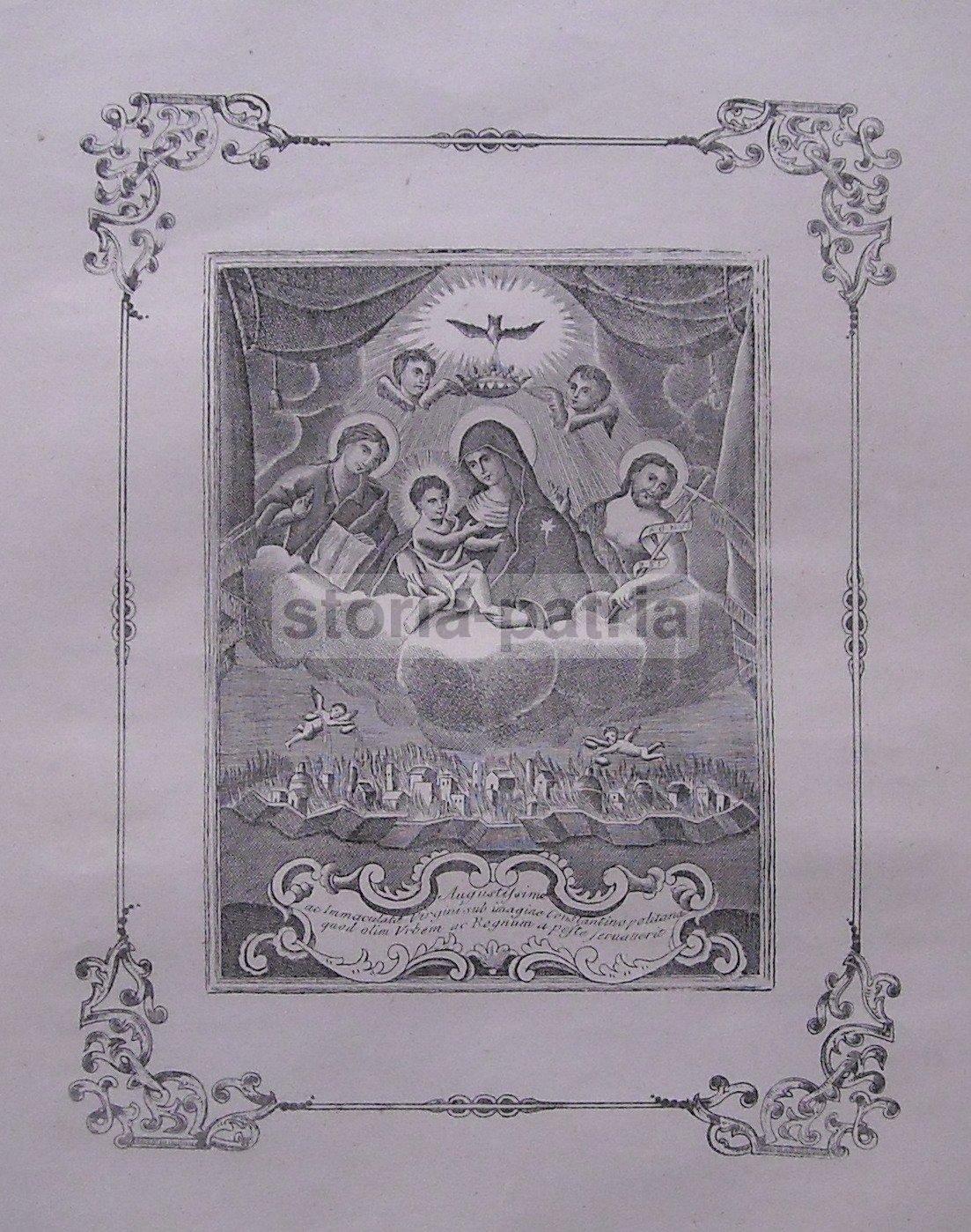 Antica Stampa Popolare Devozionale, Arte, Madonna Costantinopoli, Peste, Incendio immagine 2