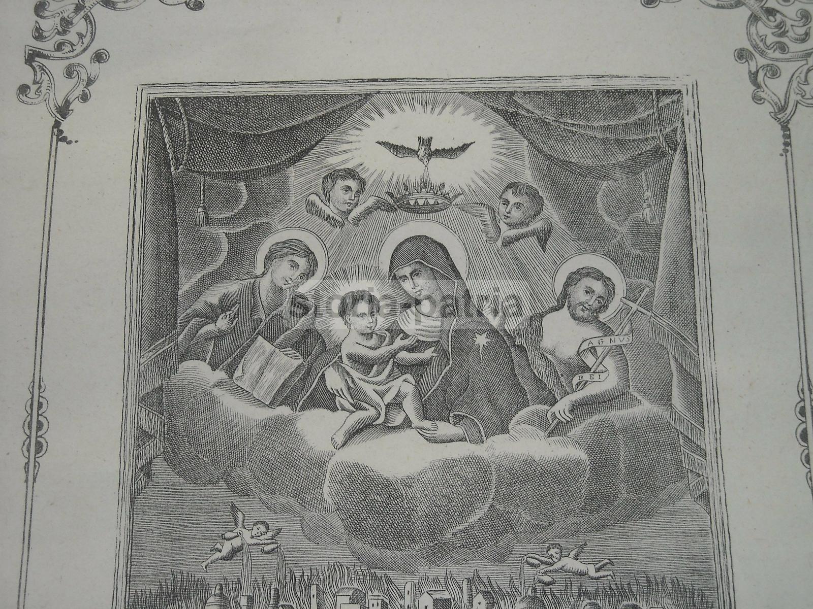 Antica Stampa Popolare Devozionale, Arte, Madonna Costantinopoli, Peste, Incendio immagine 3