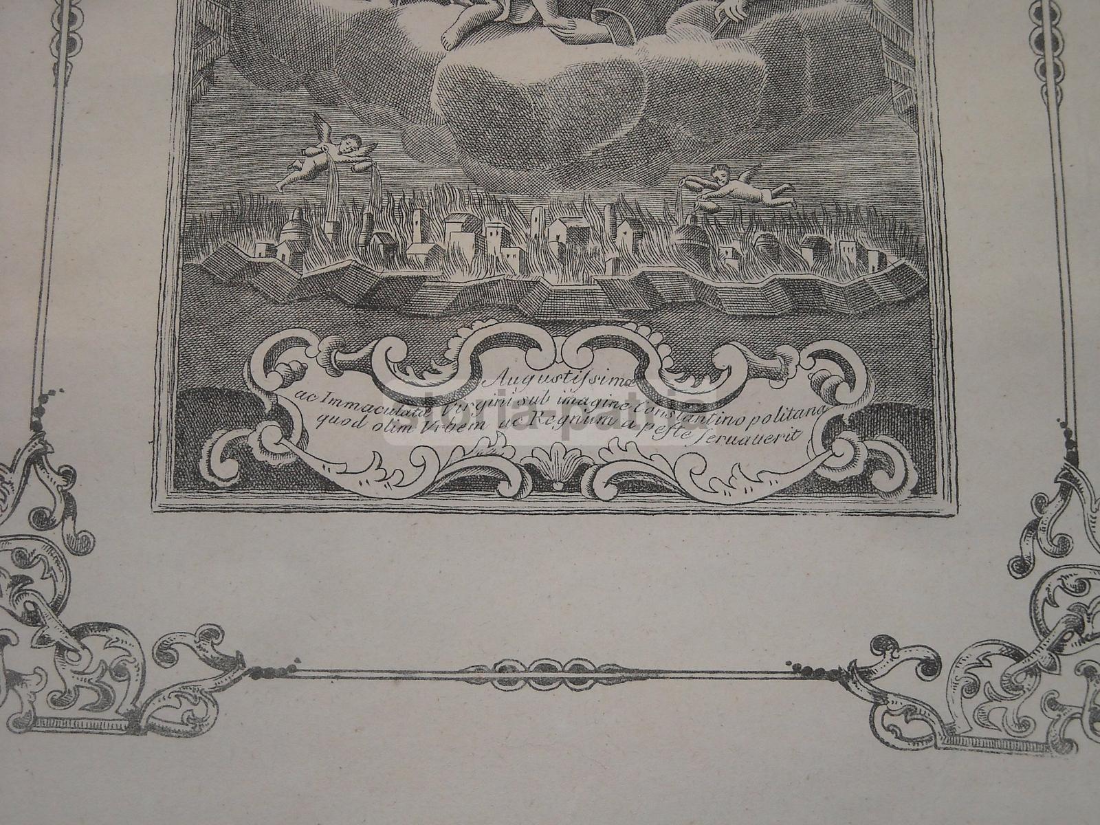 Antica Stampa Popolare Devozionale, Arte, Madonna Costantinopoli, Peste, Incendio immagine 4