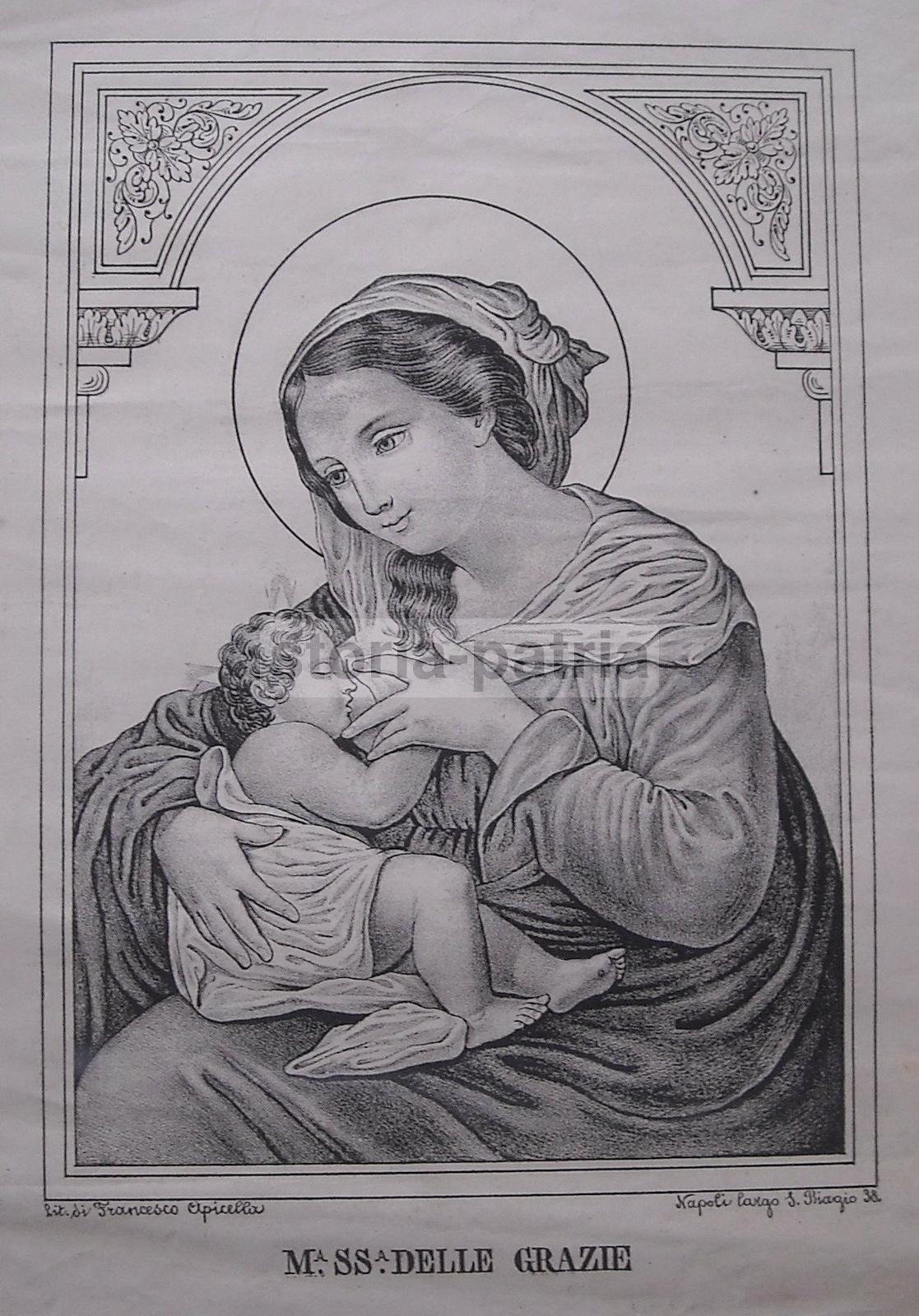 Antica Stampa Popolare Devozionale, Arte Napoletana, Allattamento, Madonna, Bambino immagine 1