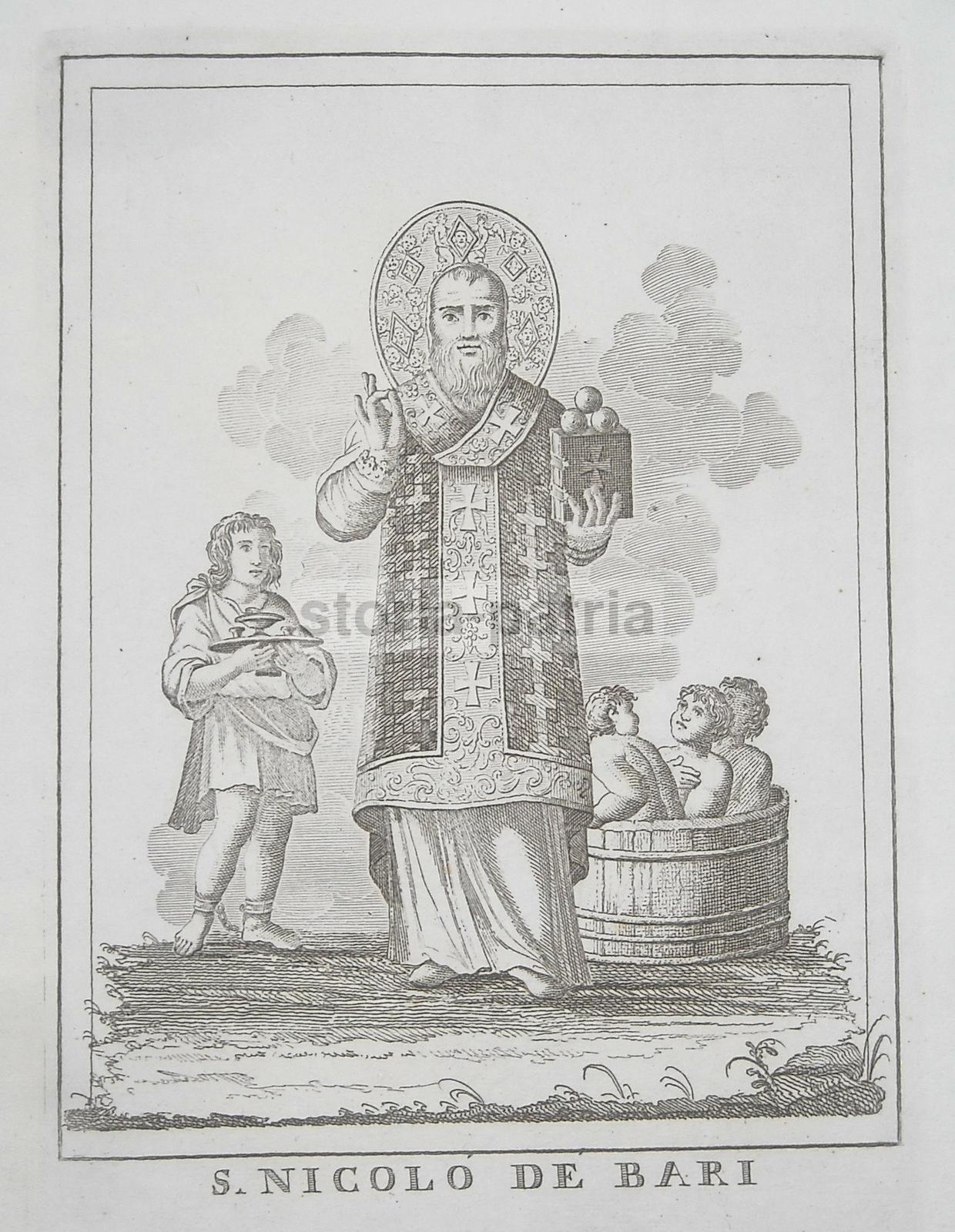 Antica Stampa Popolare Devozionale, San Nicola, Bari, Puglia, Antica Incisione, 800 immagine 2