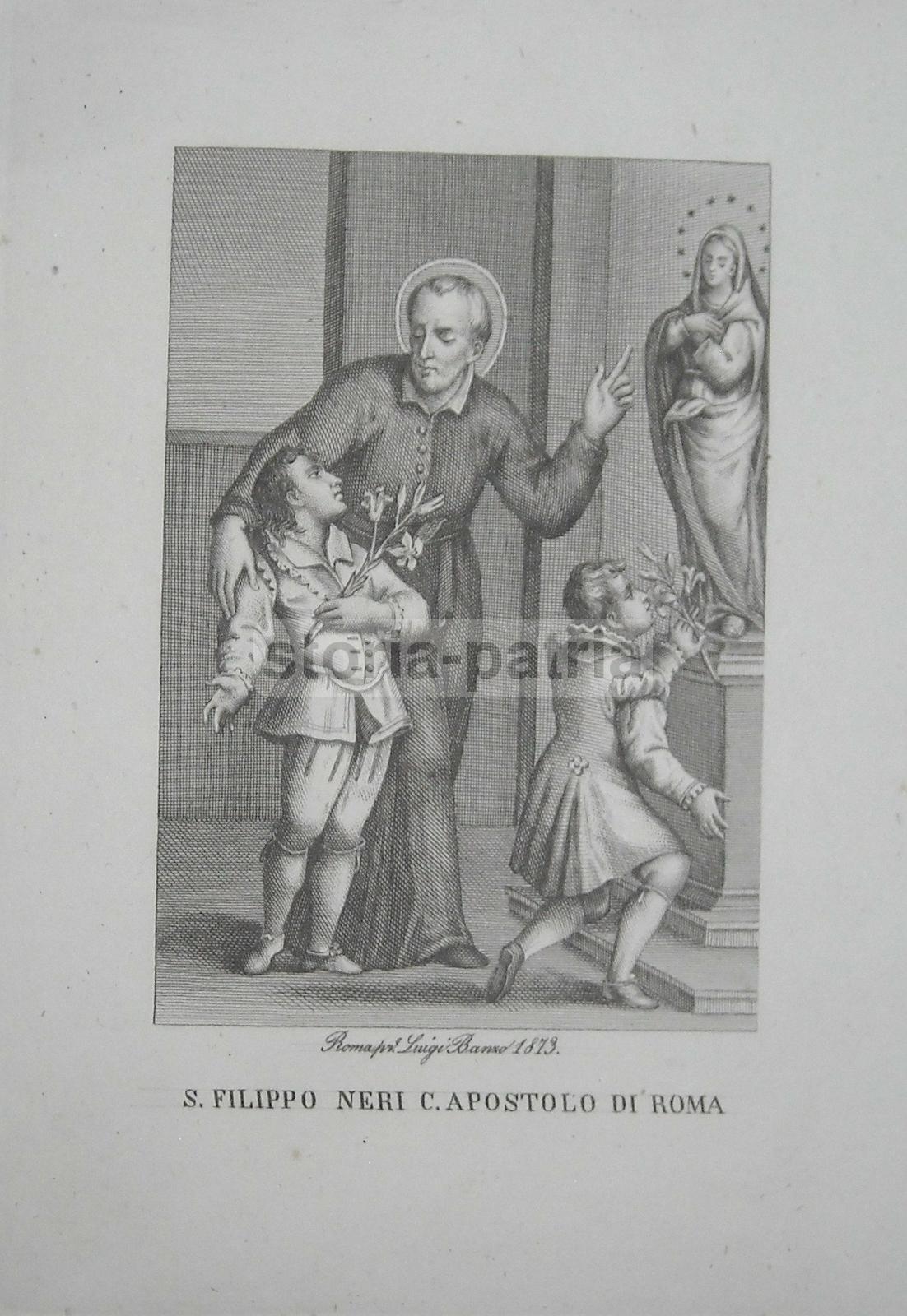Arte, Antica Stampa Devozionale, Artista Incisore Banzo, Roma, S Filippo Neri, 1873 immagine 3