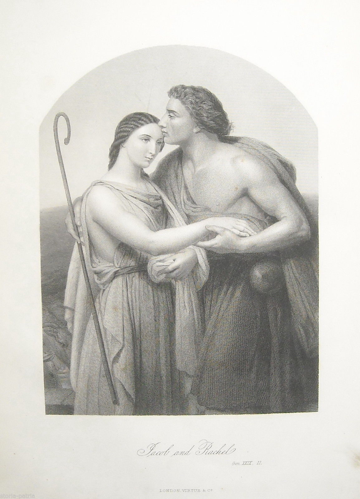 Storia Biblica, Genesi, Giacobbe E Rachele, Bella Antica Incisione, Decorativa, 800 immagine 1