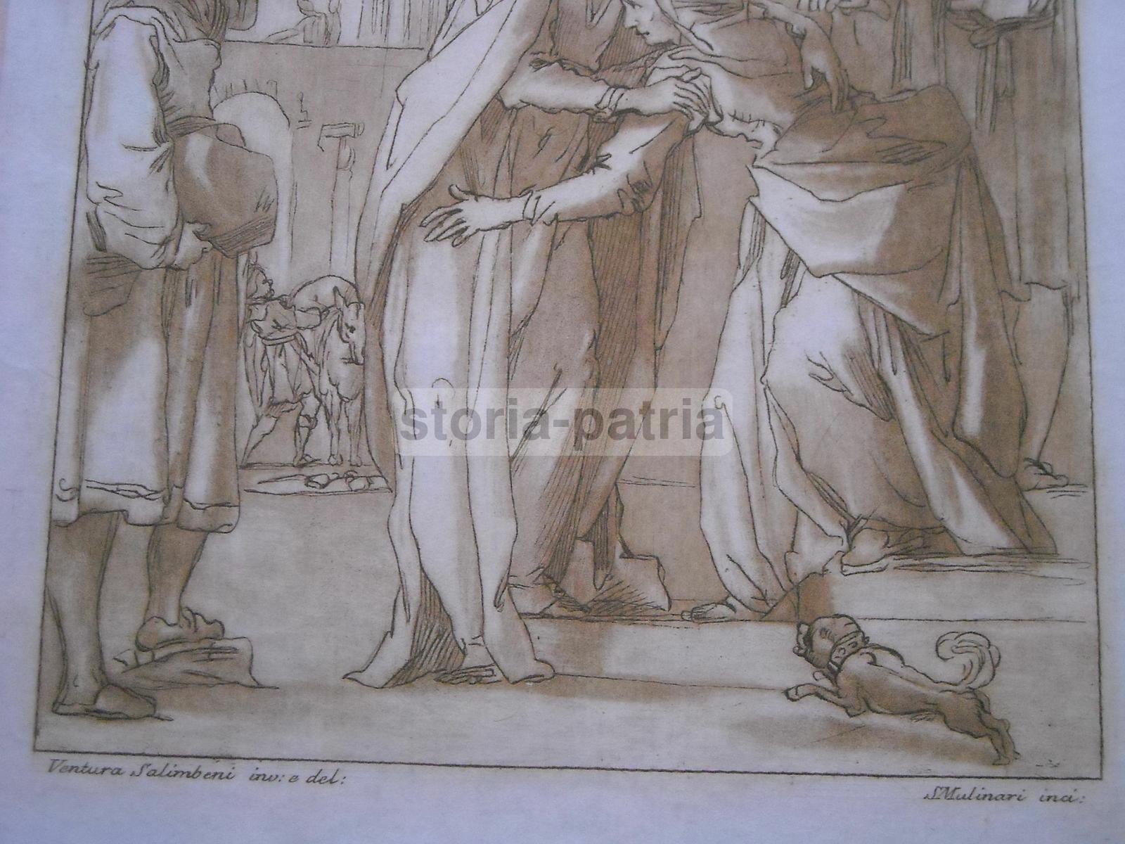 Toscana, Bella Stampa Devozionale, Incisore Mulinari, Pittore Salimbeni, Visitazione immagine 3